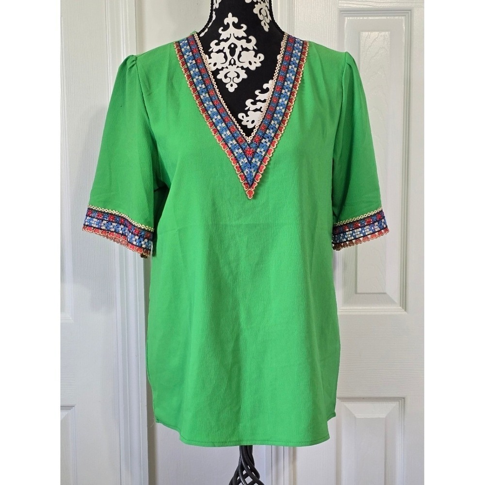 Vibrant Green Embroidered V Neck Tunic Top Women's Boho Festival Chic Style